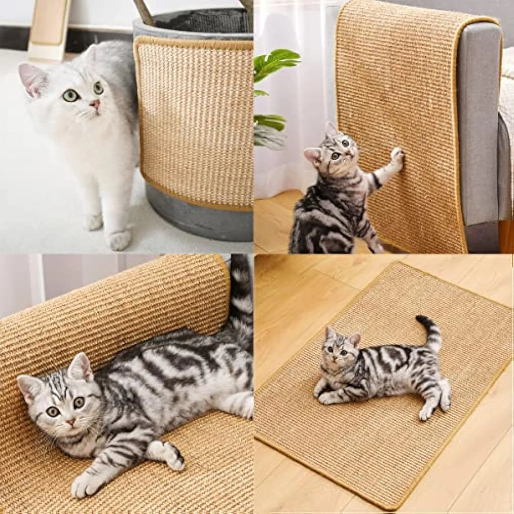 Natural sisal cat scratch pad with adhesive hook loop tape placed on floor, showing textured surface and tape backing