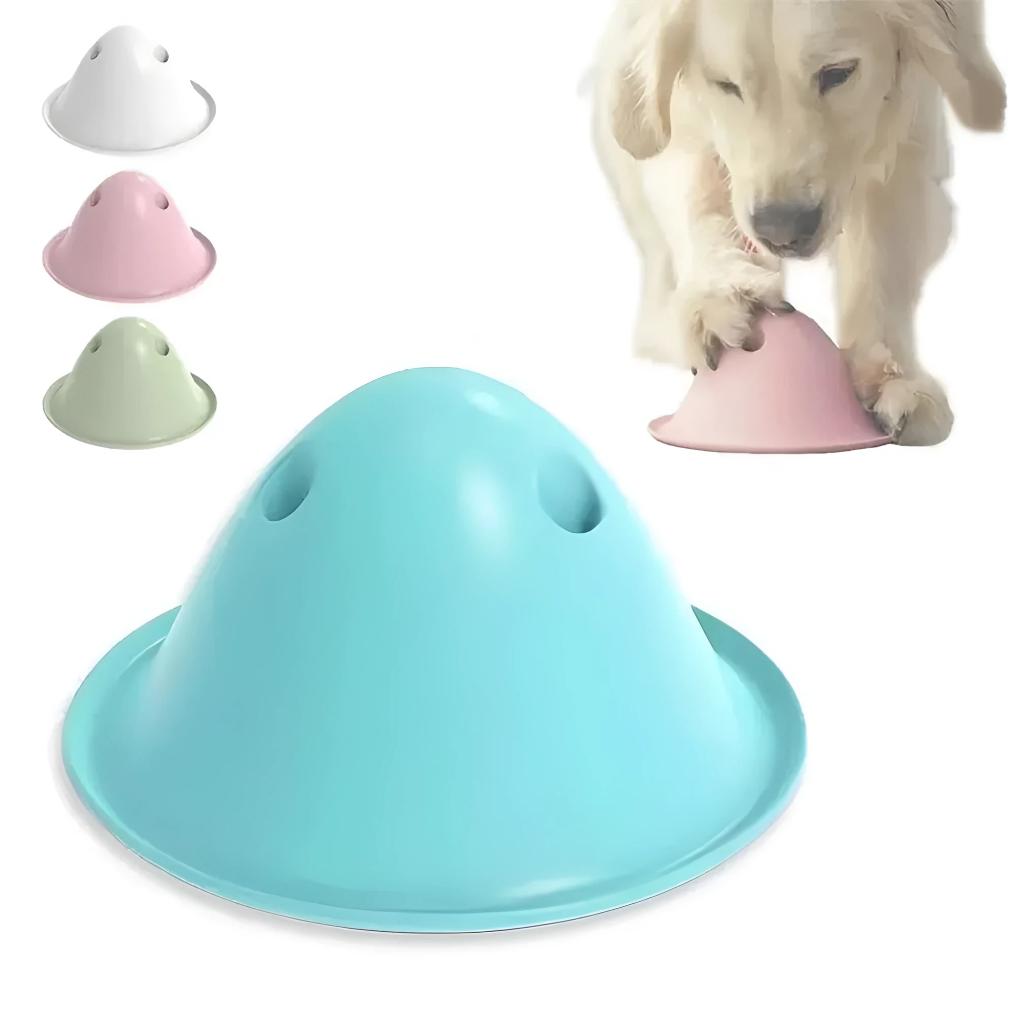 Green interactive dog puzzle chew toy with hidden treat slots on a wooden floor.
