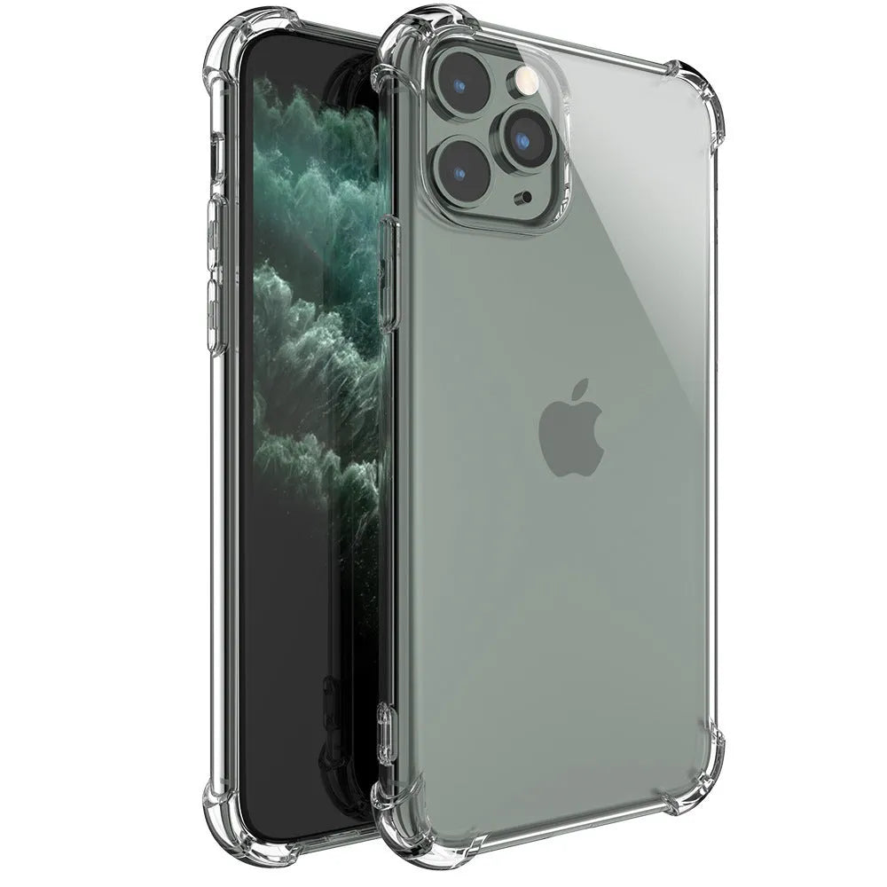 Clear transparent TPU shockproof iPhone case showing front and back views.