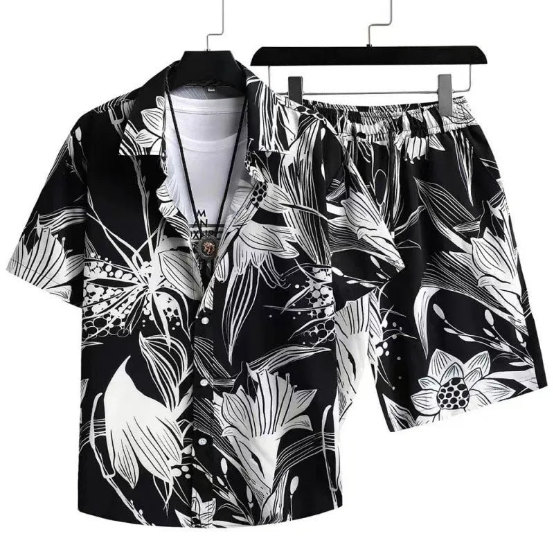 Man wearing a digital print short sleeve cardigan and matching shorts from a casual suit set.
