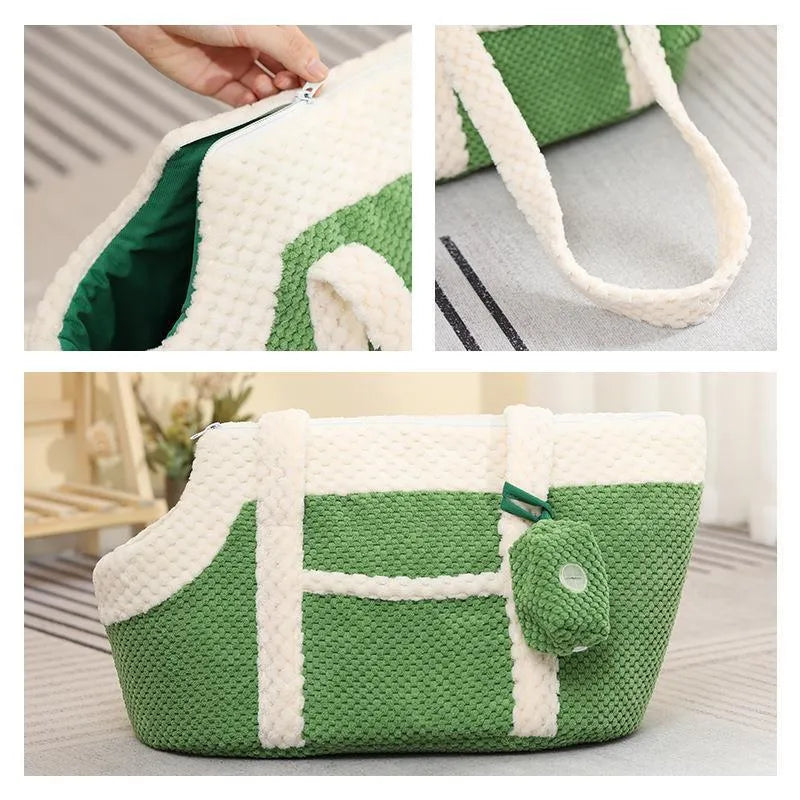 Short plush shoulder pet carrier bag in cartoon pattern colours for cats or small dogs