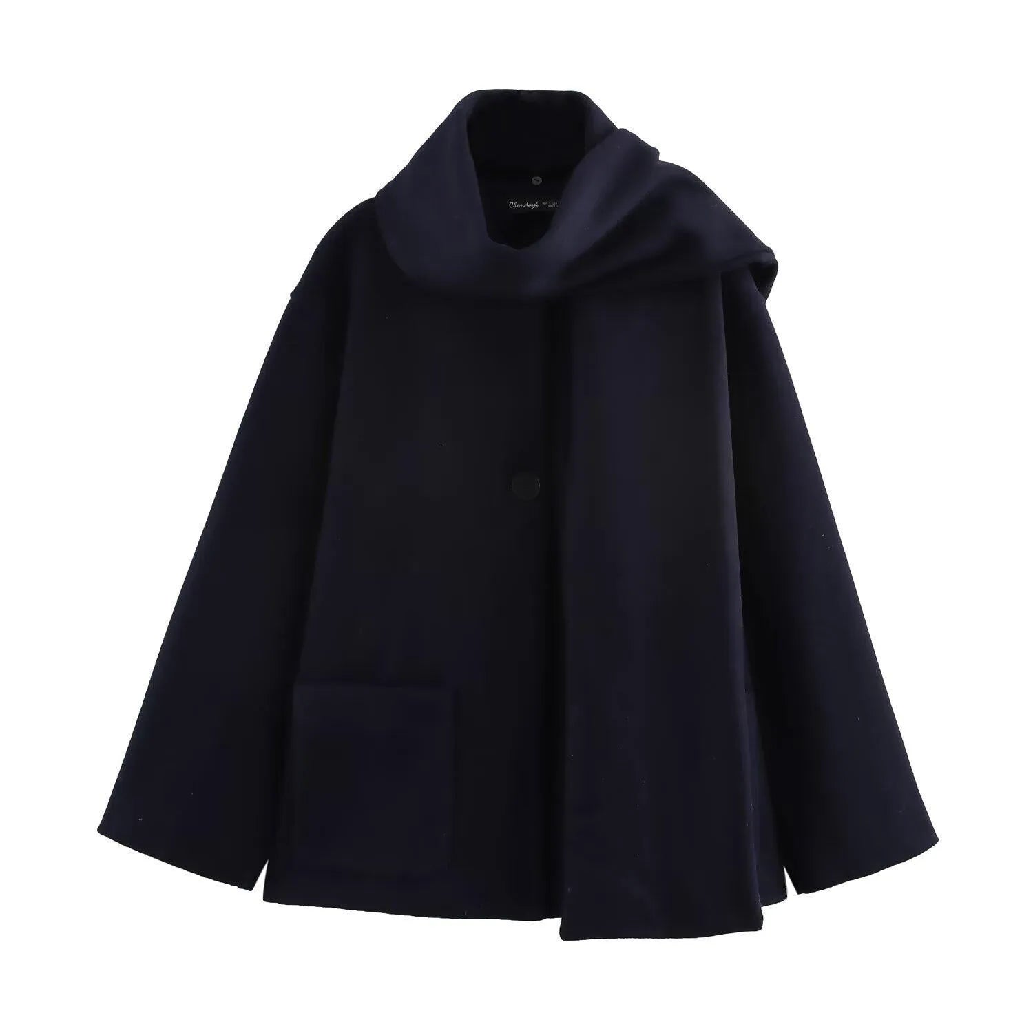 Long grey women's polyester overcoat with a black faux fur collar on a hanger.