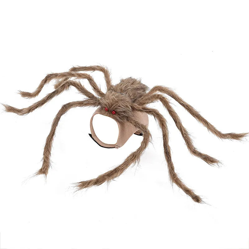 Halloween big spider costume for a dog or cat in grey, brown, black and purple colours.
