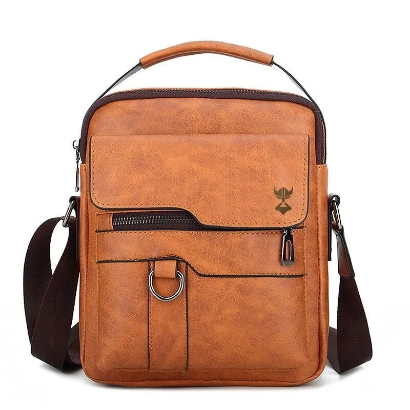 Khaki PU leather men's casual shoulder bag showing square shape and front zipper.