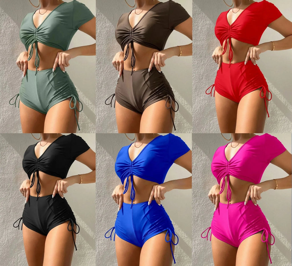 Lady's dark green lace-up bow two-piece swimsuit set for swimming.
