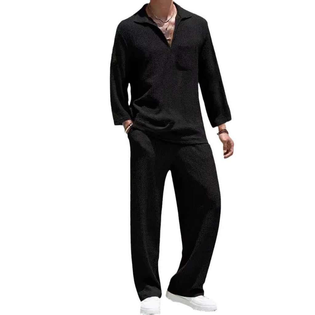 Men's casual shirt trousers suit set in polyester fibre fabric available in four colours