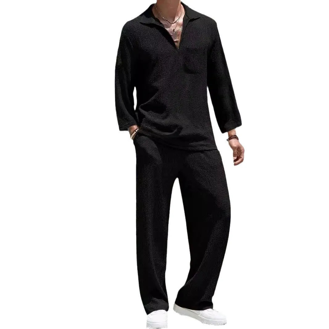 Men's casual shirt trousers suit set in polyester fibre fabric available in four colours