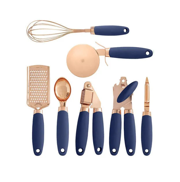 Rose gold plated stainless steel 7-piece kitchen tool set with cutlery rack in mint green colour