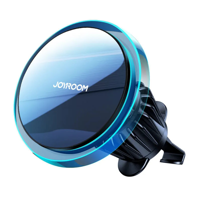 Black magnetic wireless charging phone holder mounted on a car air vent.