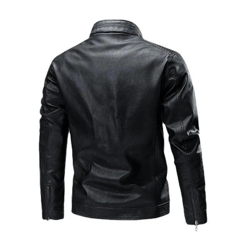 Men's PU leather motorcycle jacket with retro stitching, side pockets, straight hem, in black, brown, khaki, bright yellow