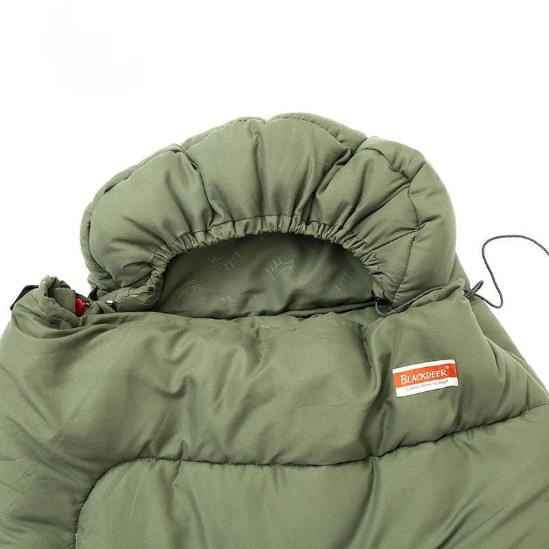 Cotton sleeping bag for outdoor camping in ochre or olive green colour