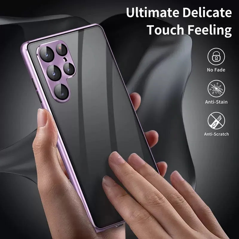 Black magnetic phone case with a peep-proof mirror for Samsung Galaxy models on a magnetic mount.