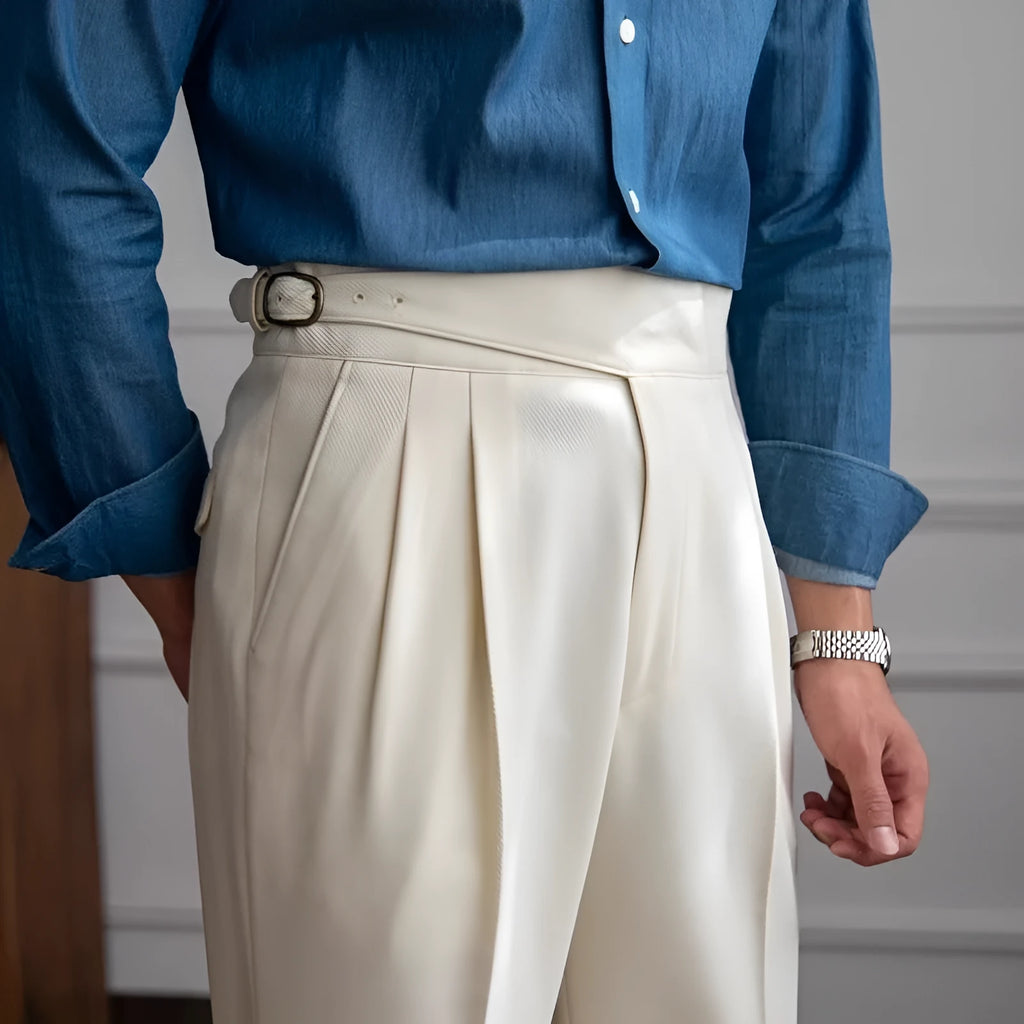Men's high waist straight leg casual trousers in polyester fabric available in multiple colours and sizes