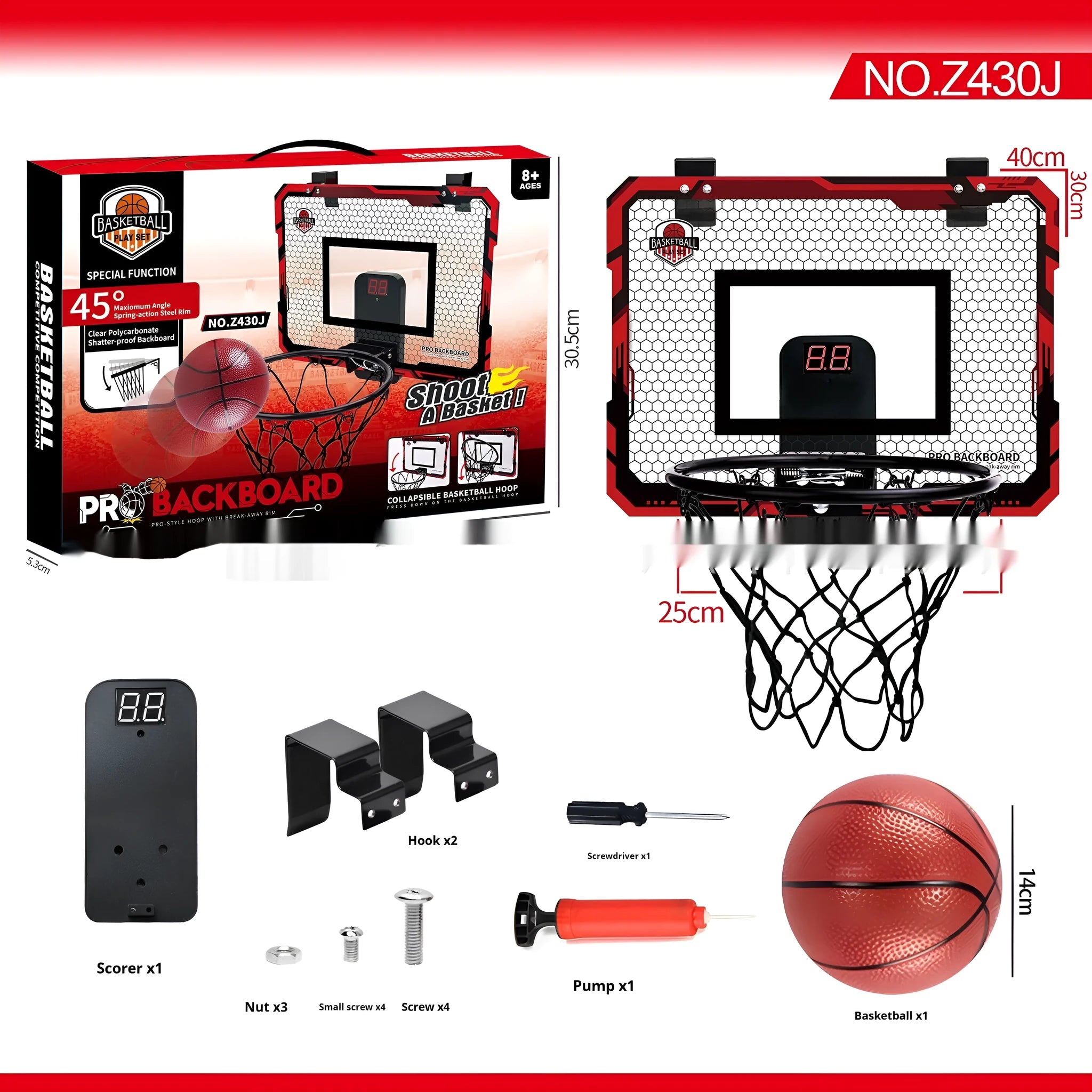 Red folding basketball frame with suction cup mount showing 400x300mm parallel panels and 16cm ball