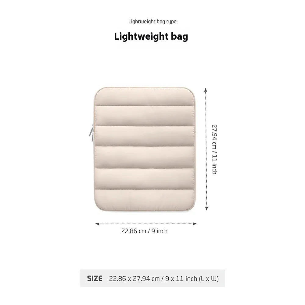 Fluffy air puff laptop sleeve with elastic sides for 9.7 to 11 inch devices in black, khaki, or silver
