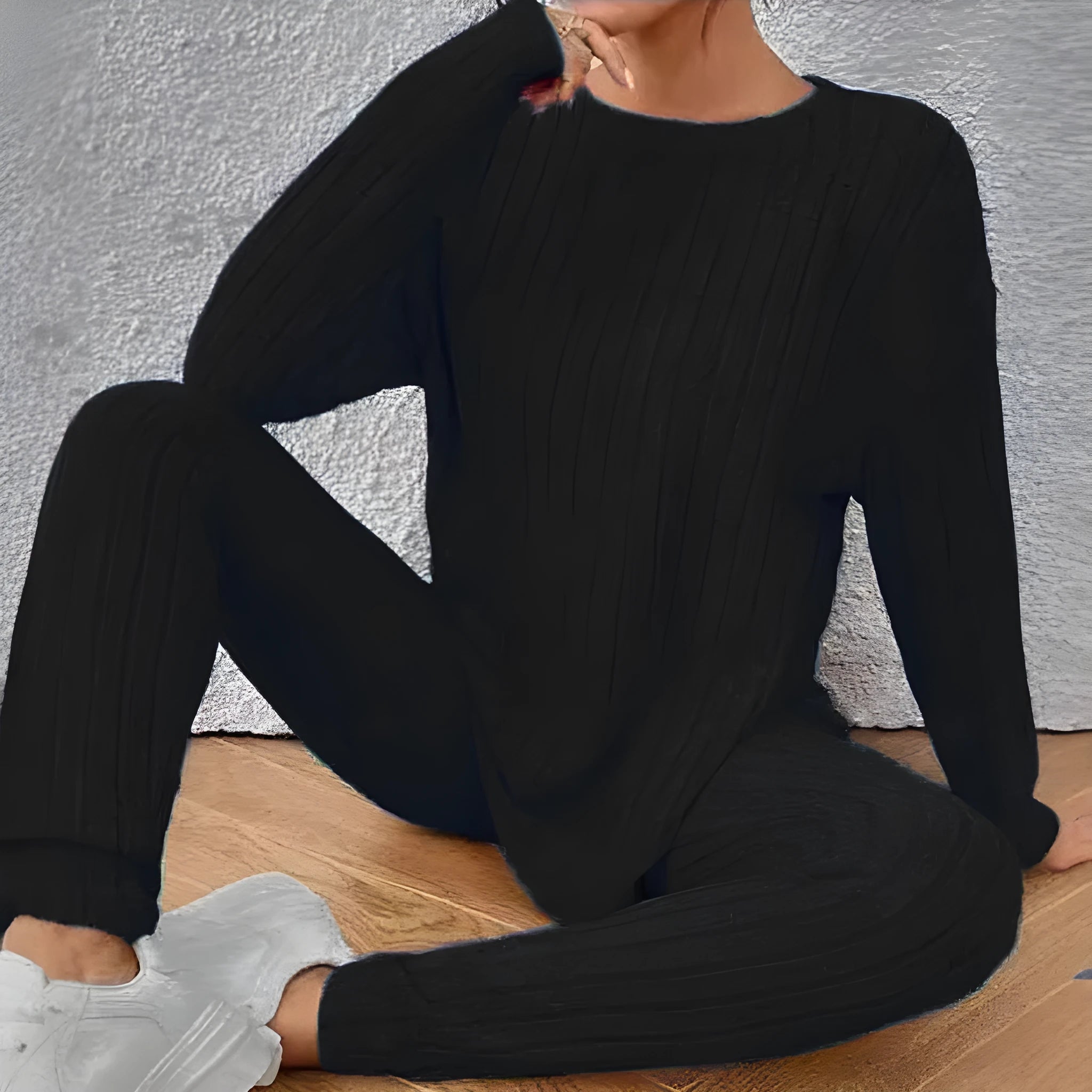 Sunken stripe pattern casual two-piece homewear set in black or blue colour with extended 1XL-5XL sizing