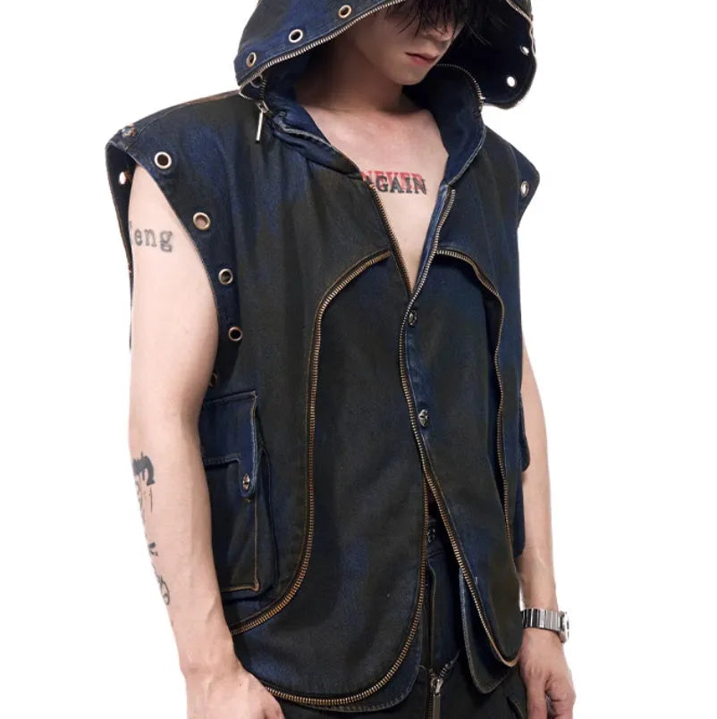 Blue hooded denim vest coat and matching trousers set on a model