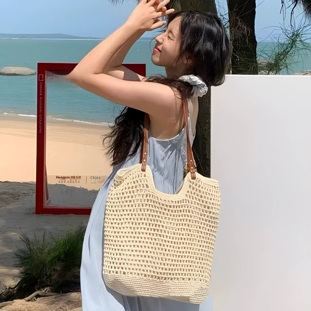 Beige woven cotton linen shoulder bag with large capacity for seaside holidays