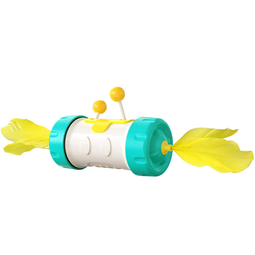 Interactive cat toy set with blue stick pole, feather ball, and yellow rolling tumbler puzzle on a floor.