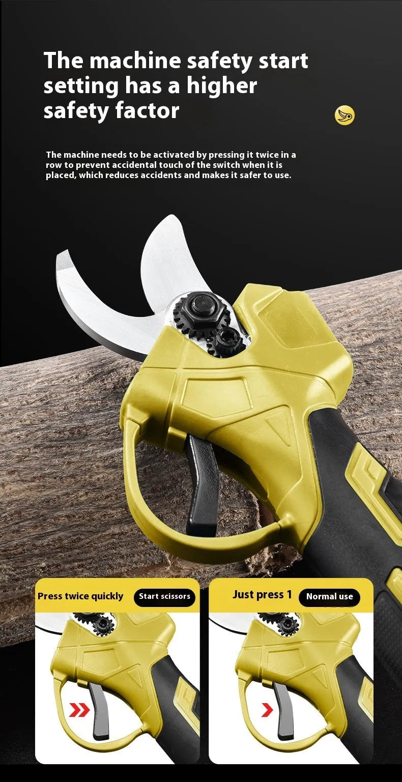 Cordless electric pruning shears with plastic storage box containing two lithium batteries and charger