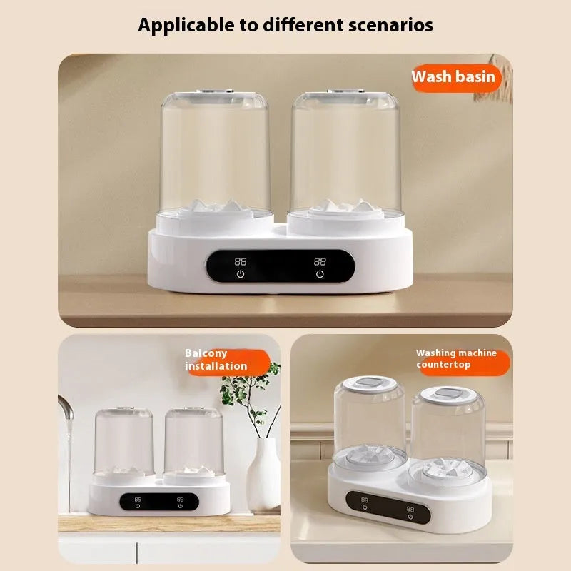 White double bucket USB mini laundry washing machine for underwear and socks.