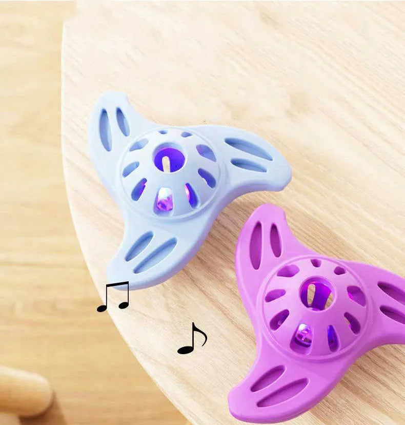 Blue boomerang-shaped dog chew toy with textured molar surface for dental cleaning