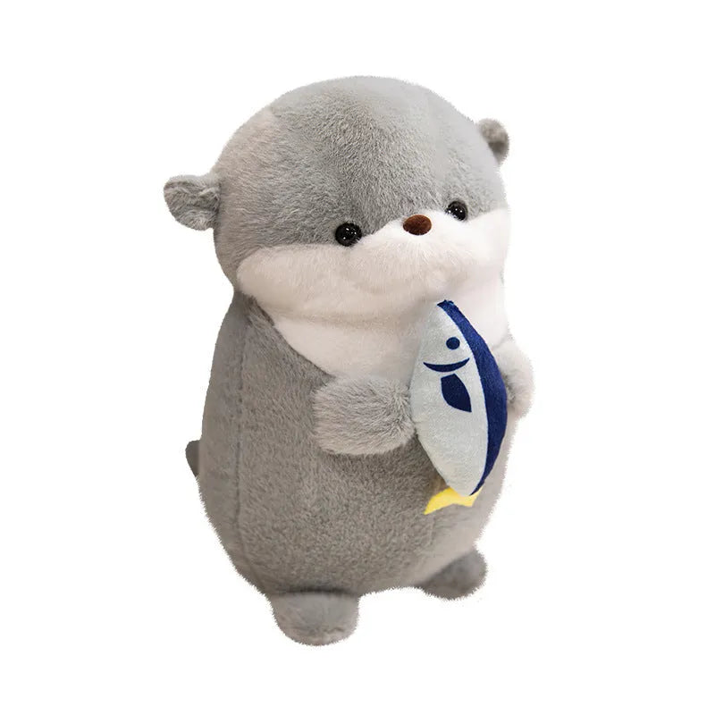 Small otter plush doll holding a fish in short plush fabric, available in brown and gray, 30cm or 40cm height