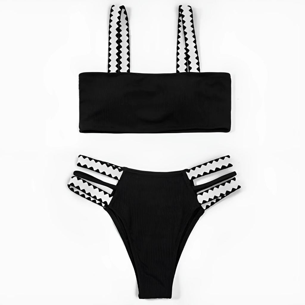 Black women's hollowed-out split swimsuit bikini briefs in polyester fabric