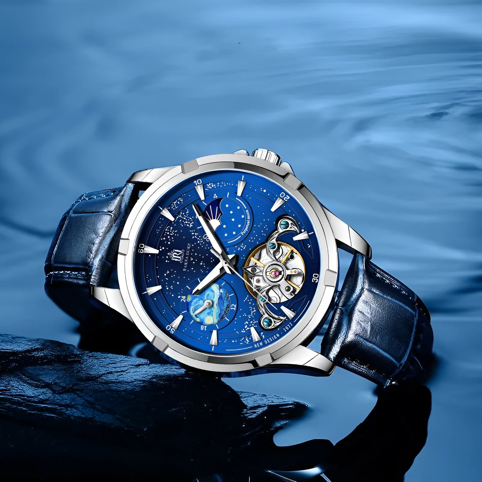 Men's automatic mechanical watch with blue dial and stainless steel case showing analogue display