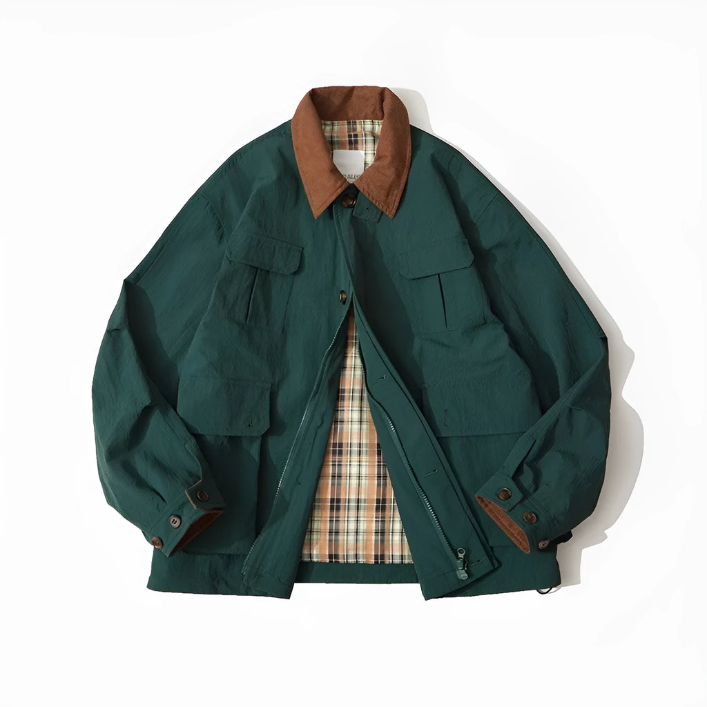 Green casual polyester jacket with side seam pockets on a hanger