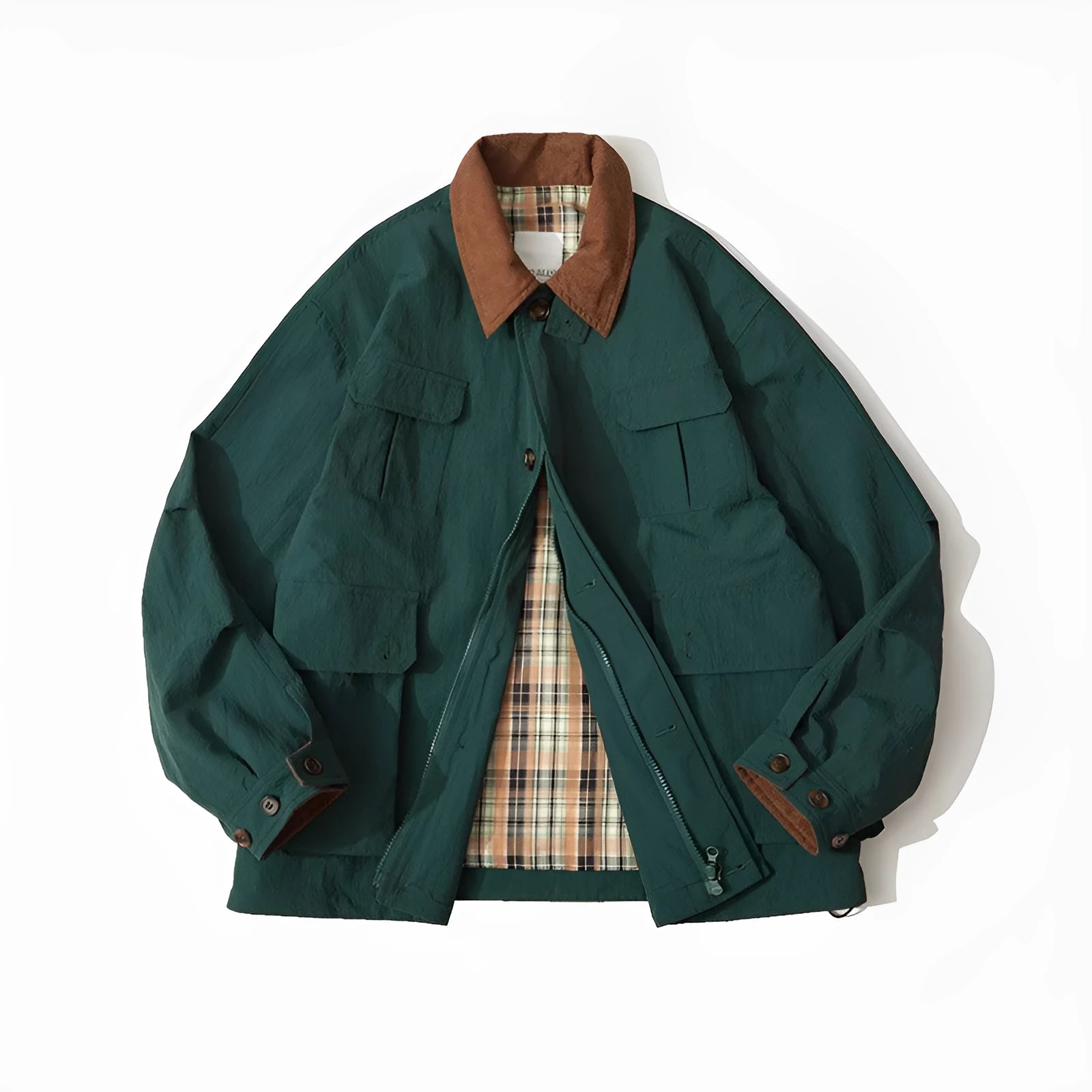 Green casual polyester jacket with side seam pockets on a hanger