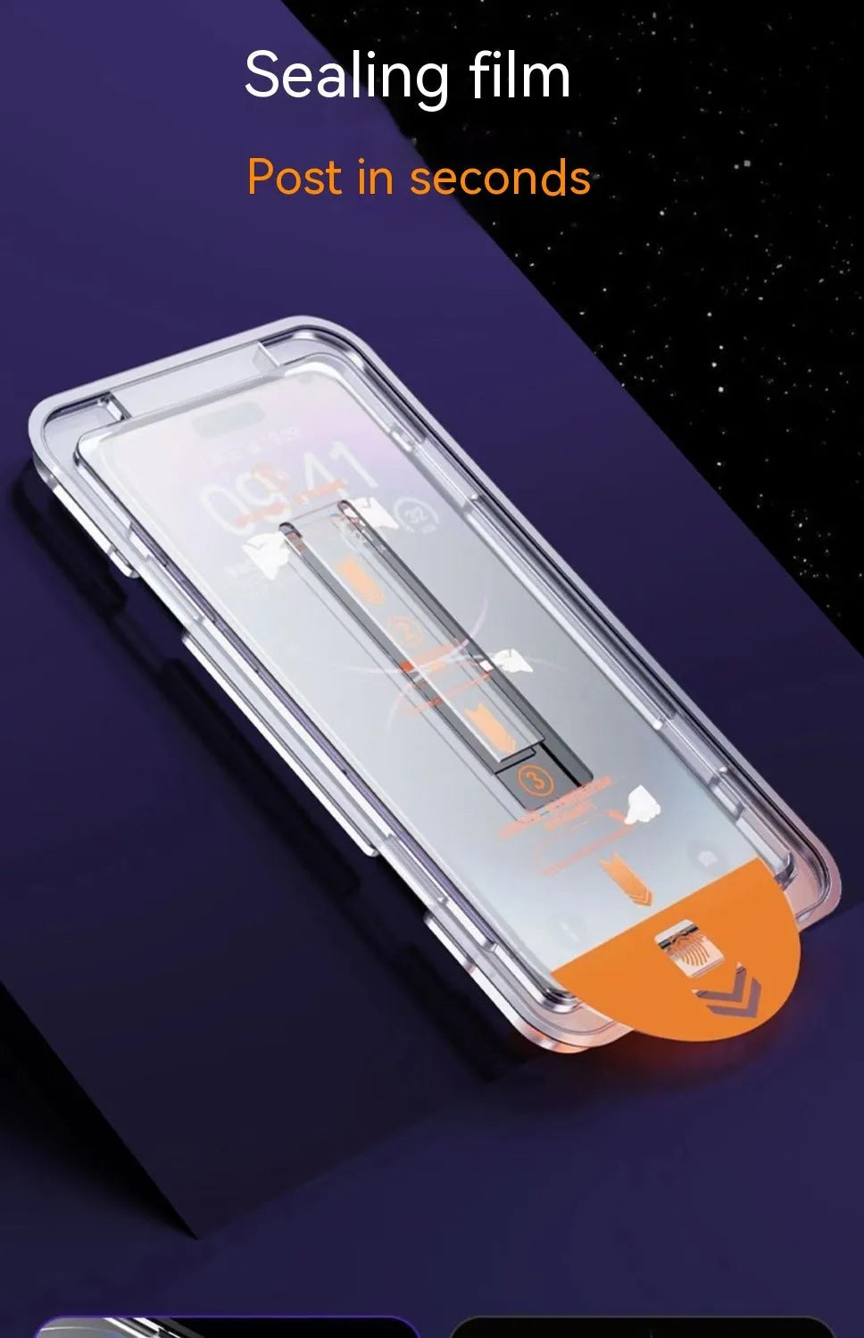 iPhone tempered glass screen protector with dust-free application kit on a table.