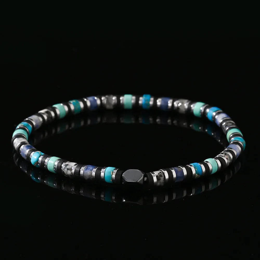 Hand-woven bohemian bracelet with cylindrical geometric semi-precious stones