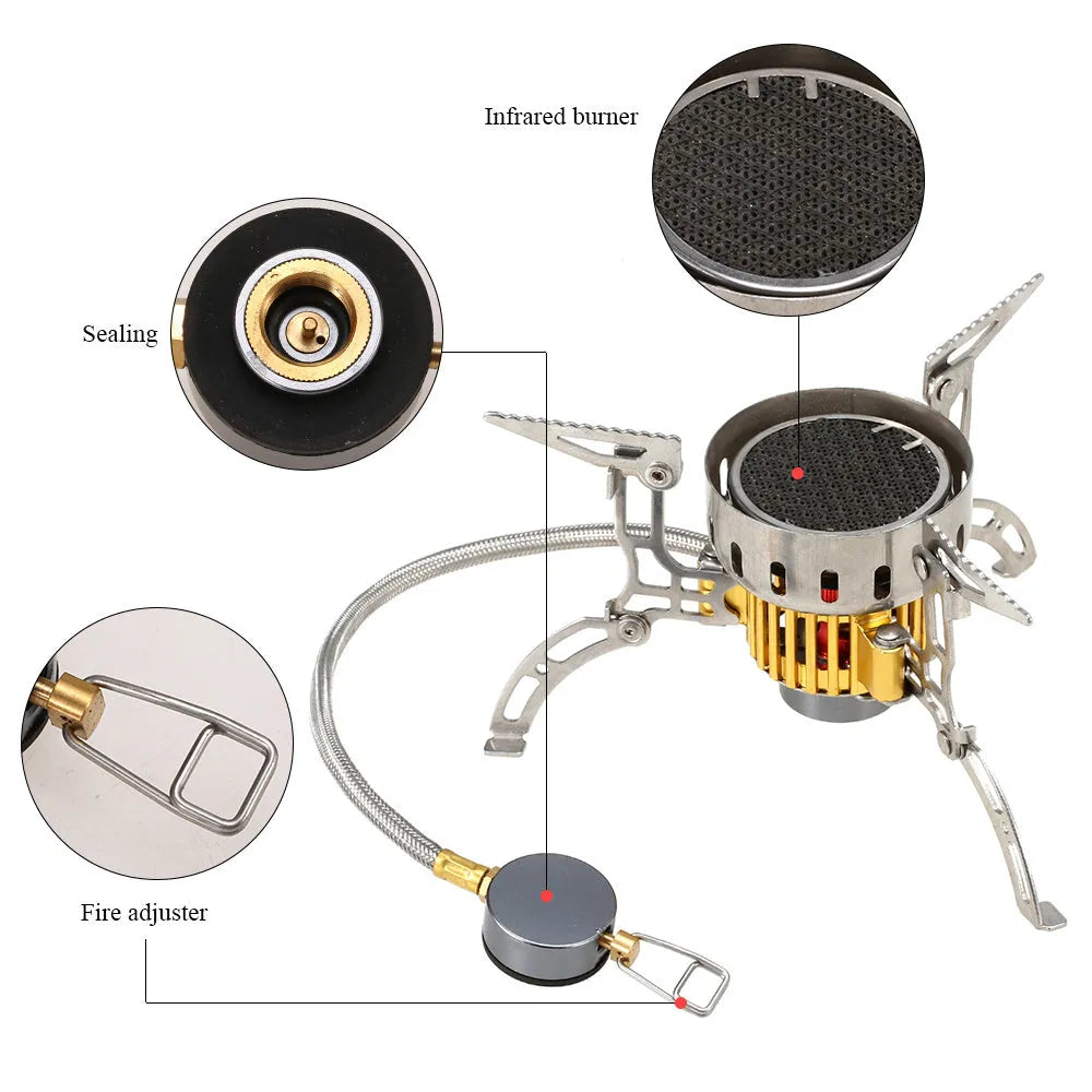 Silver portable camping stove head with windproof infrared burner and plastic storage box
