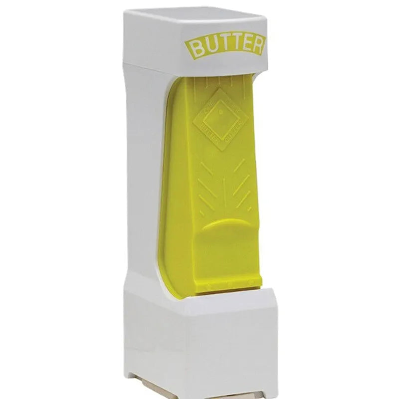 Yellow butter cutter with stainless steel blades for portioning standard butter bars