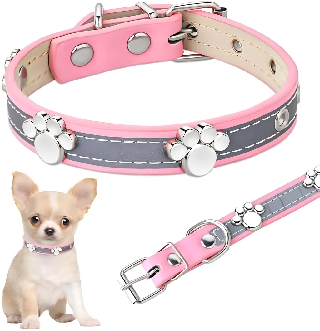 Reflective adjustable dog collar with PU leather and decorative paw rivet in multiple size options