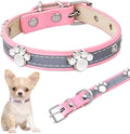Reflective adjustable dog collar with PU leather and decorative paw rivet in multiple size options