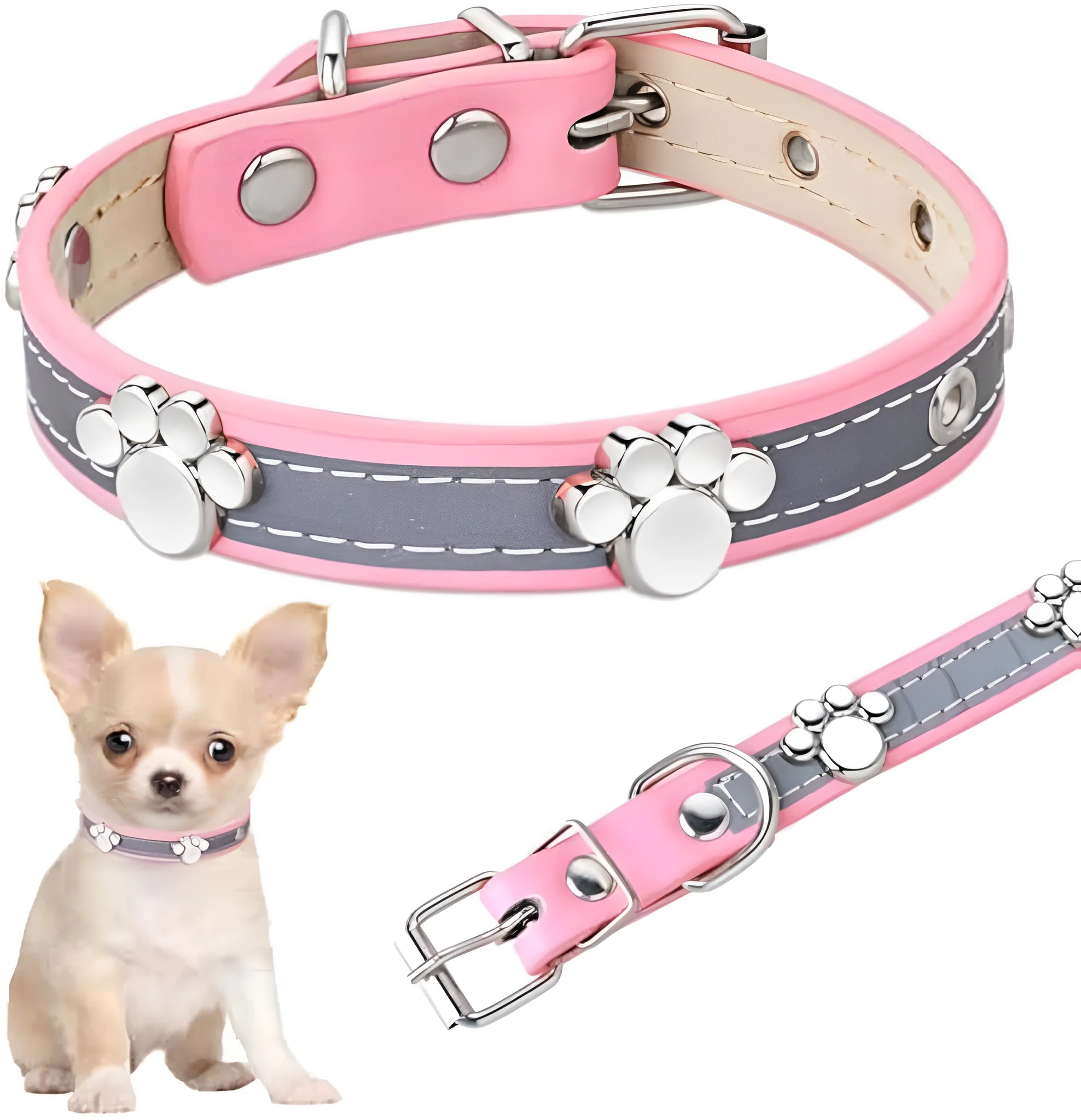Reflective adjustable dog collar with PU leather and decorative paw rivet in multiple size options