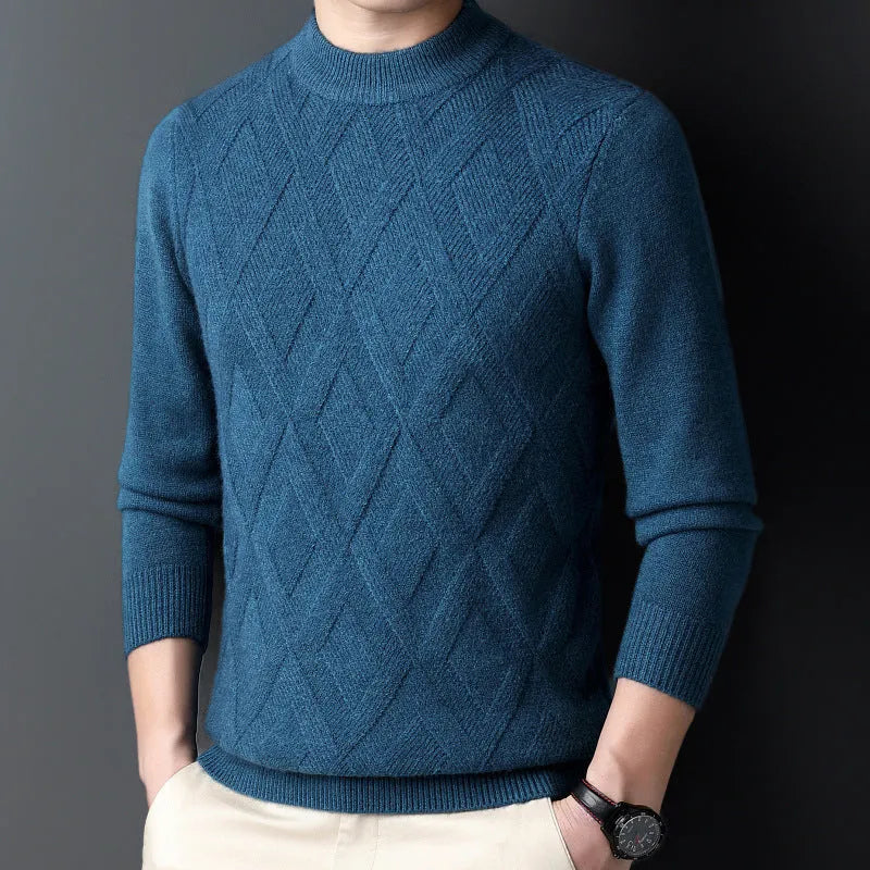 Men's thick grey diamond jacquard knit winter pullover sweater on a hanger.