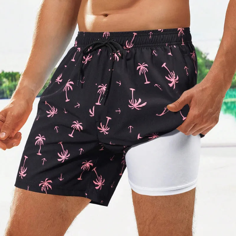 Men's loose quick-drying boxer swimming trunks in spandex with floral and tropical patterns