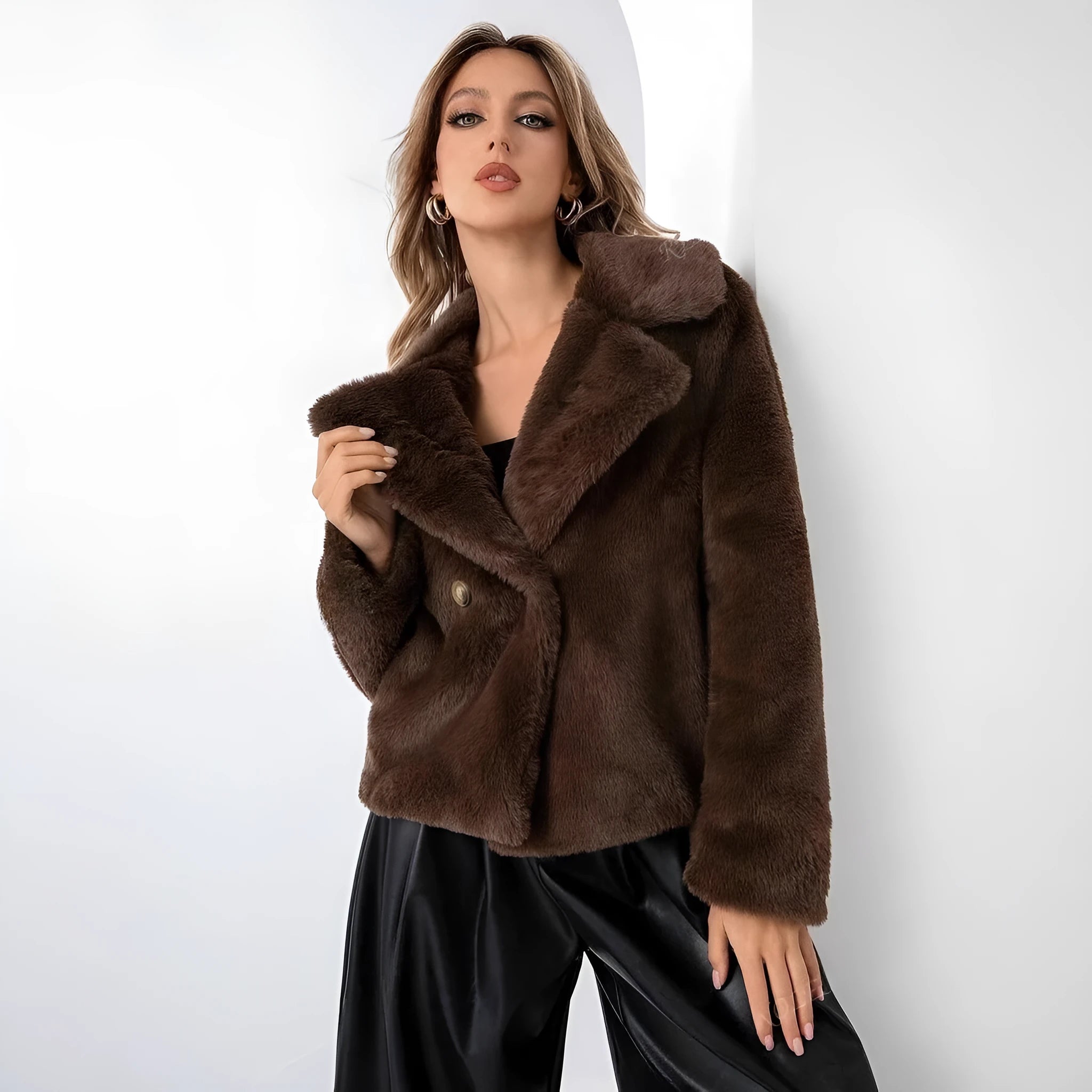Women's short loose-fit faux fur coat in rose red on a hanger, showing regular sleeves and plush texture.