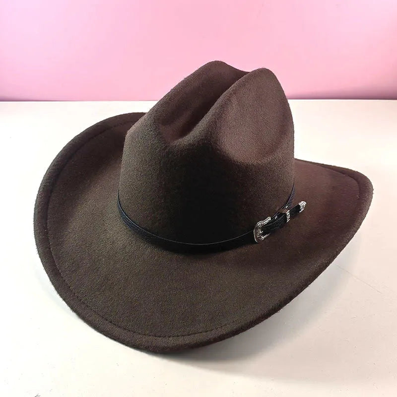 Polyester conical crown cowboy hat in khaki, side view, size M 56-58 cm
