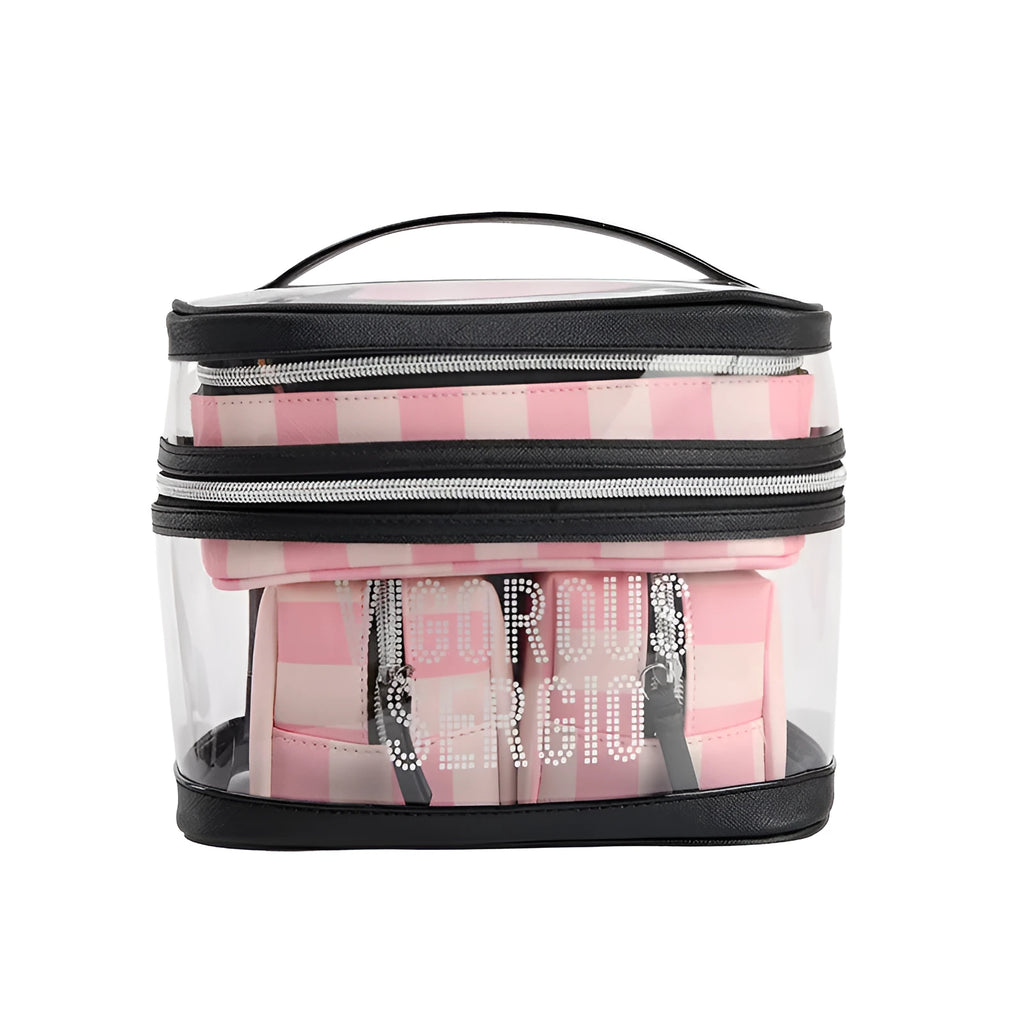 Pink bold stripe floral pattern waterproof synthetic leather makeup kit bag with folding design
