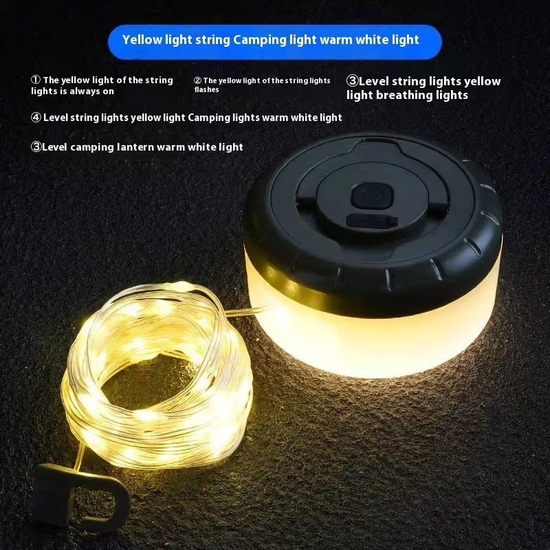 Long strand of 30 rechargeable LED bead lights for outdoor tents, showing warm white and colourful lighting options.