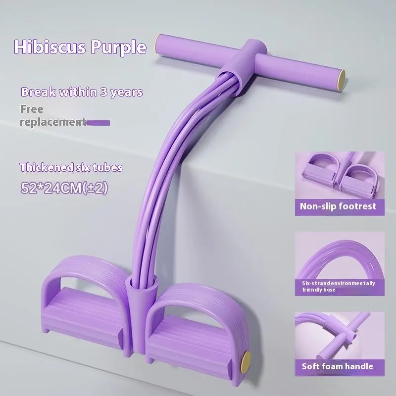 Purple home fitness pedal tension device with puller and rope for waist and arm workouts.