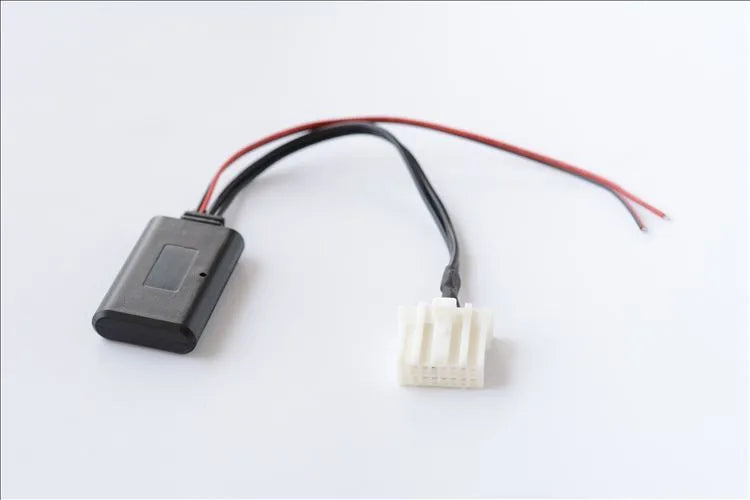 Black Bluetooth audio adapter cable for Mazda cars with aux and MEDIA button.