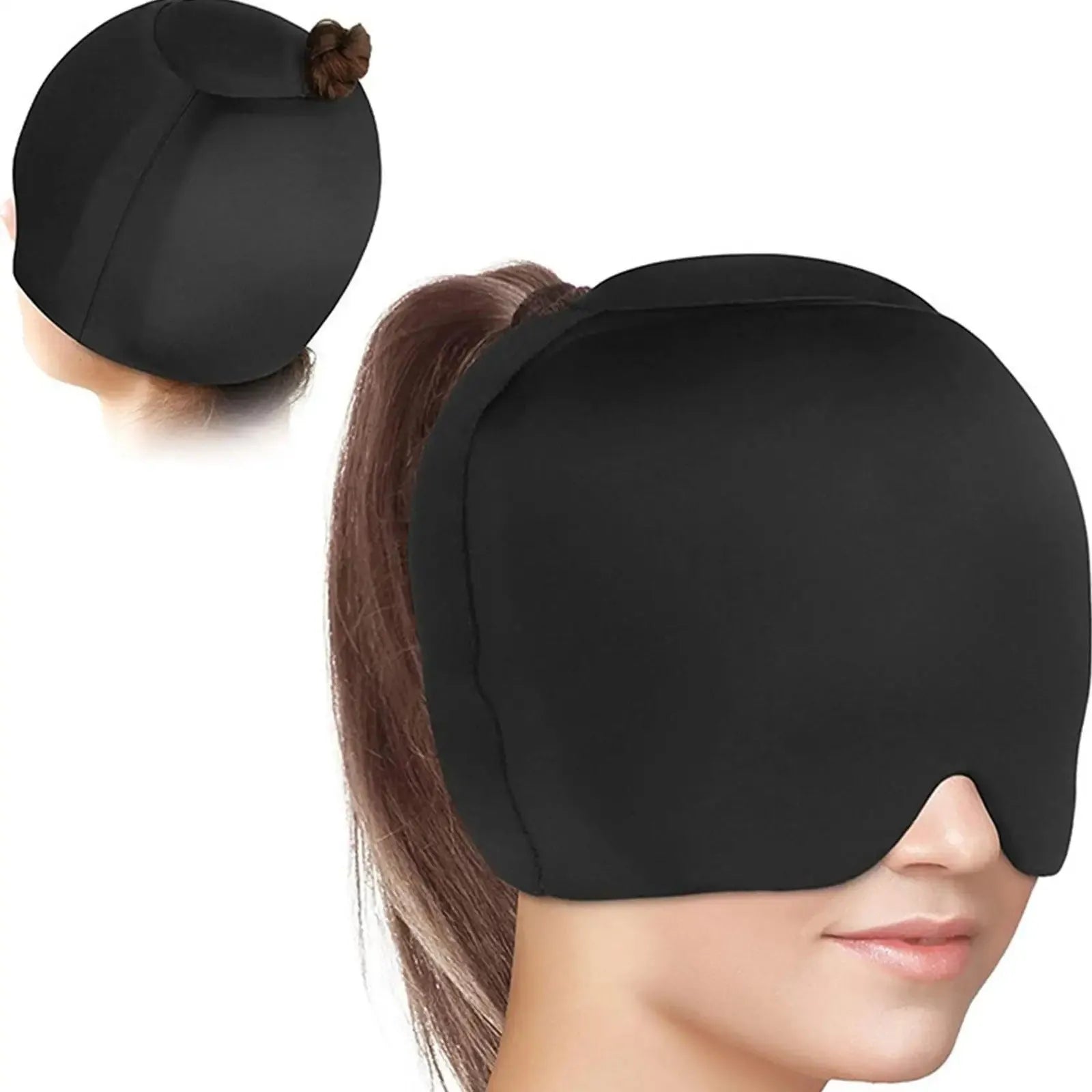 Simple solid colour cold compress cap in black, pink, or dark blue with enclosed design.