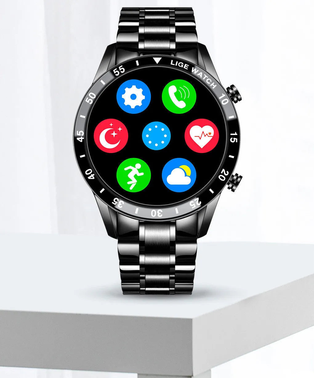 Smart watch with stainless steel wristband showing 1.3 inch touch screen display