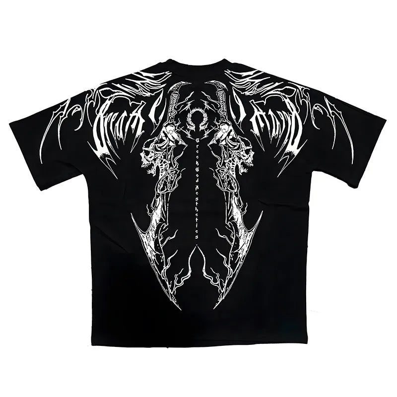 Dark coloured, loose fit, plus size cotton short-sleeved t-shirt with a gilding detail on a mannequin.