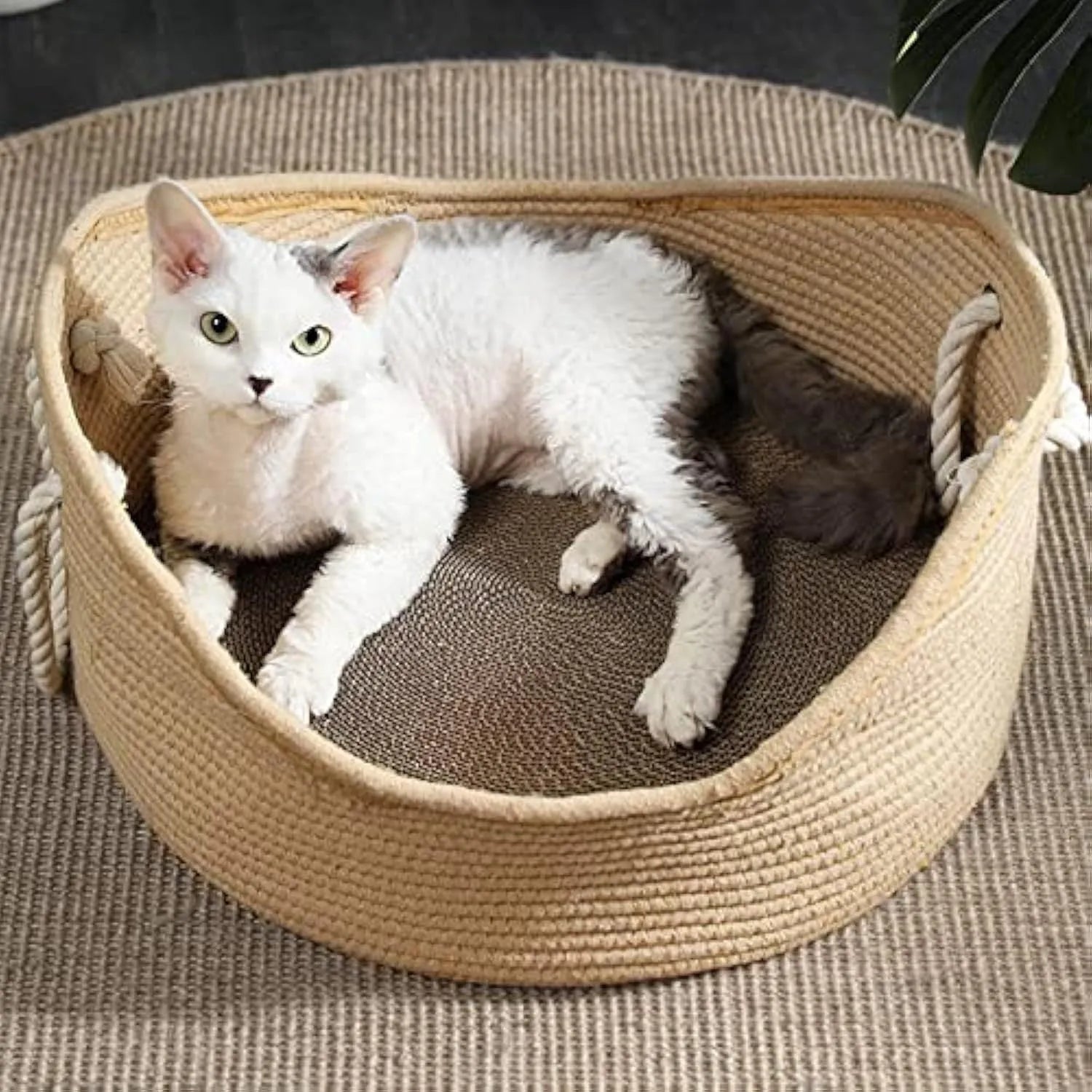 Natural wicker cat bed basket with corrugated scratching board surface in two size options